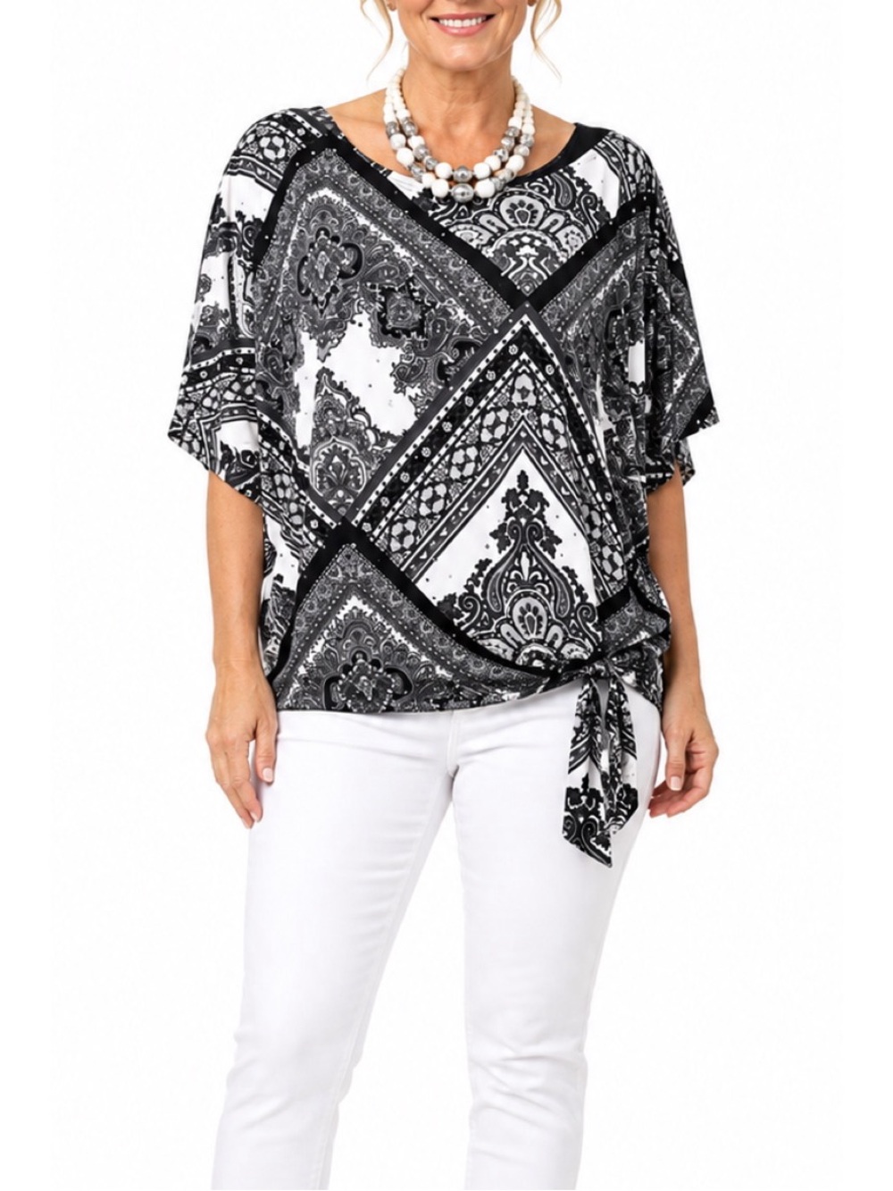Dressbarn black and white top features a paisley and geometric print w/ side tie